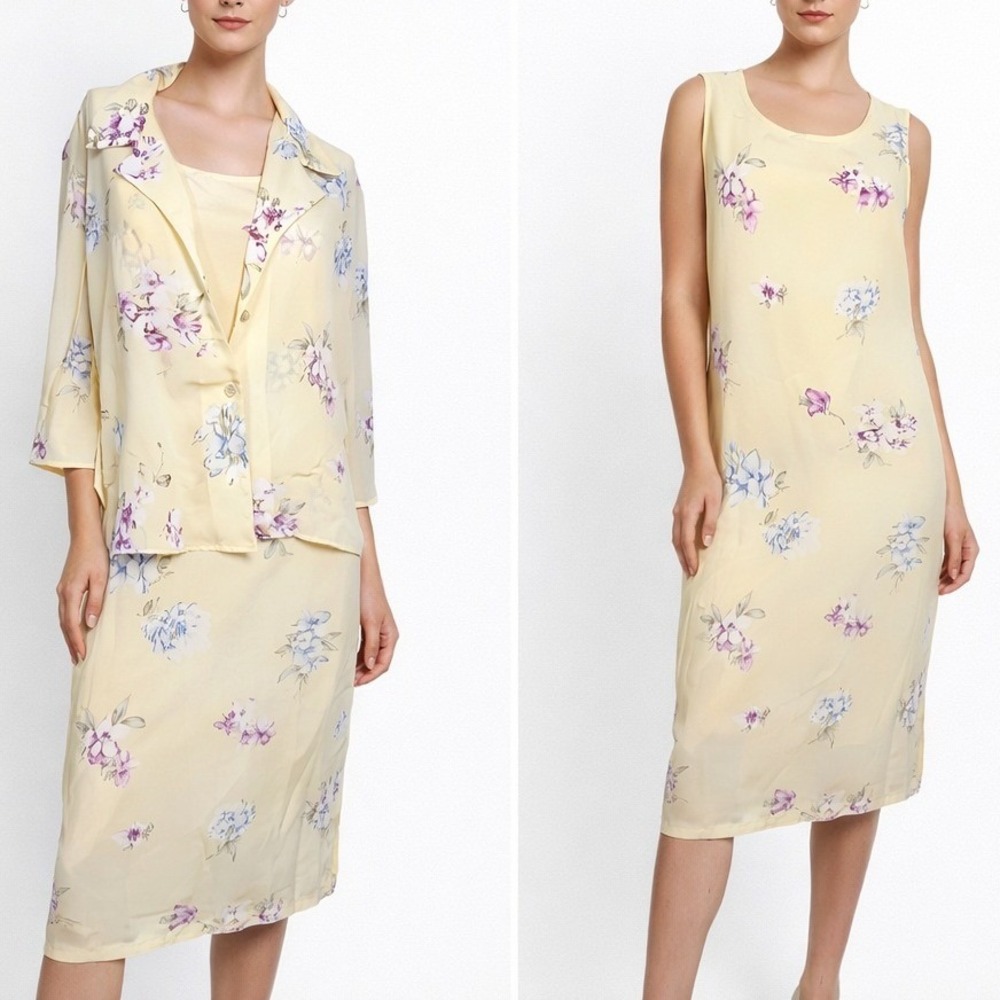 Kathie Lee Midi Dress Womens 10 Butter Yellow Floral 2 Piece Set Coquette Layers